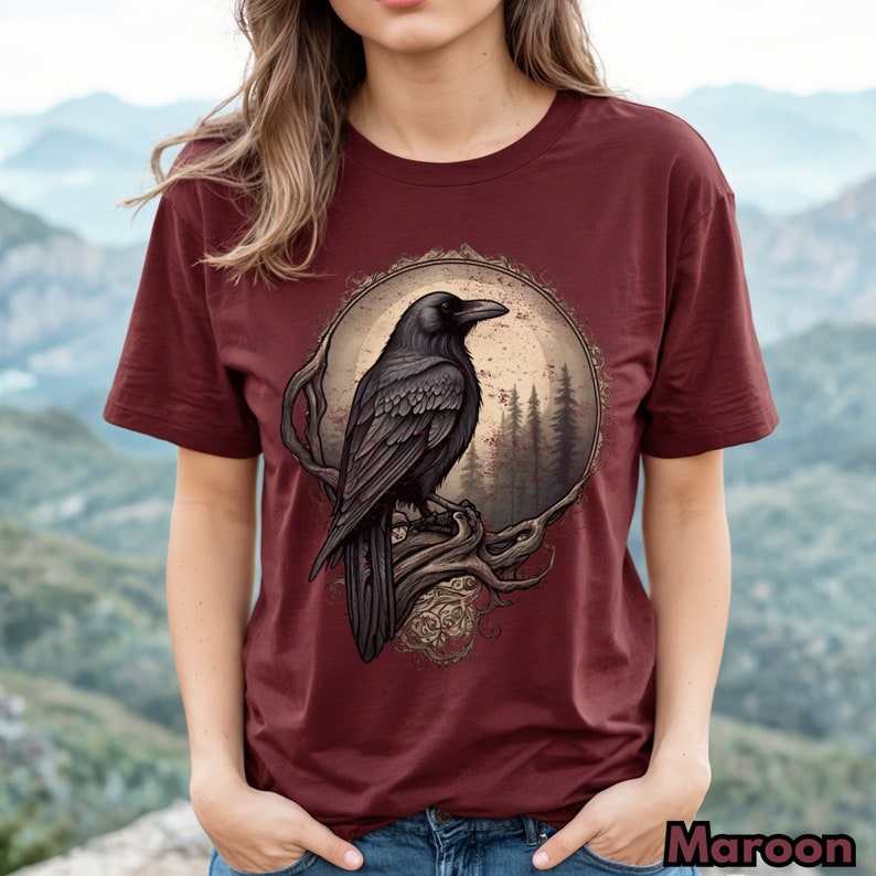 Gothic Raven T-Shirt | Witchcore Crow Shirt | Dark Academia Raven Graphic Tee | Mystical Forest Bird Top | Occult Aesthetic Shirt Maroon