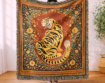 Tiger Woven Blanket, Folk Art Floral Tiger Throw, Boho Maximalist Home Decor, Colorful Animal Tapestry, Vintage Style Gift