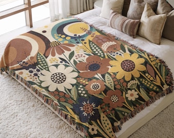 Mid Century Modern Floral Woven Blanket, Retro Wildflower Throw, Botanical Tapestry Decor