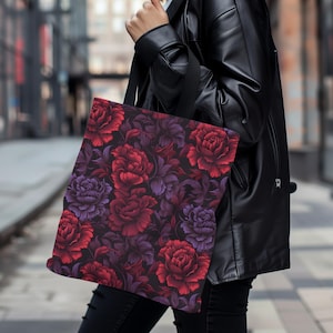 Gothic Floral Tote Bag, Dark Floral Tote, Vintage Gothic Tote, Dark Academia Bag, Witchy Flower Bag, Red Rose Pattern Tote