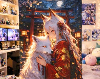Kitsune Anime Blanket, Japanese Fox Spirit Velveteen Plush Blanket, Anime Girl Throw, Sakura Shrine Fantasy Decor, Otaku Anime Gift