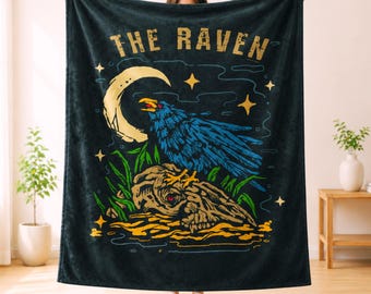 Gothic Raven Blanket, Moon Raven Throw Blanket, Dark Academia Decor
