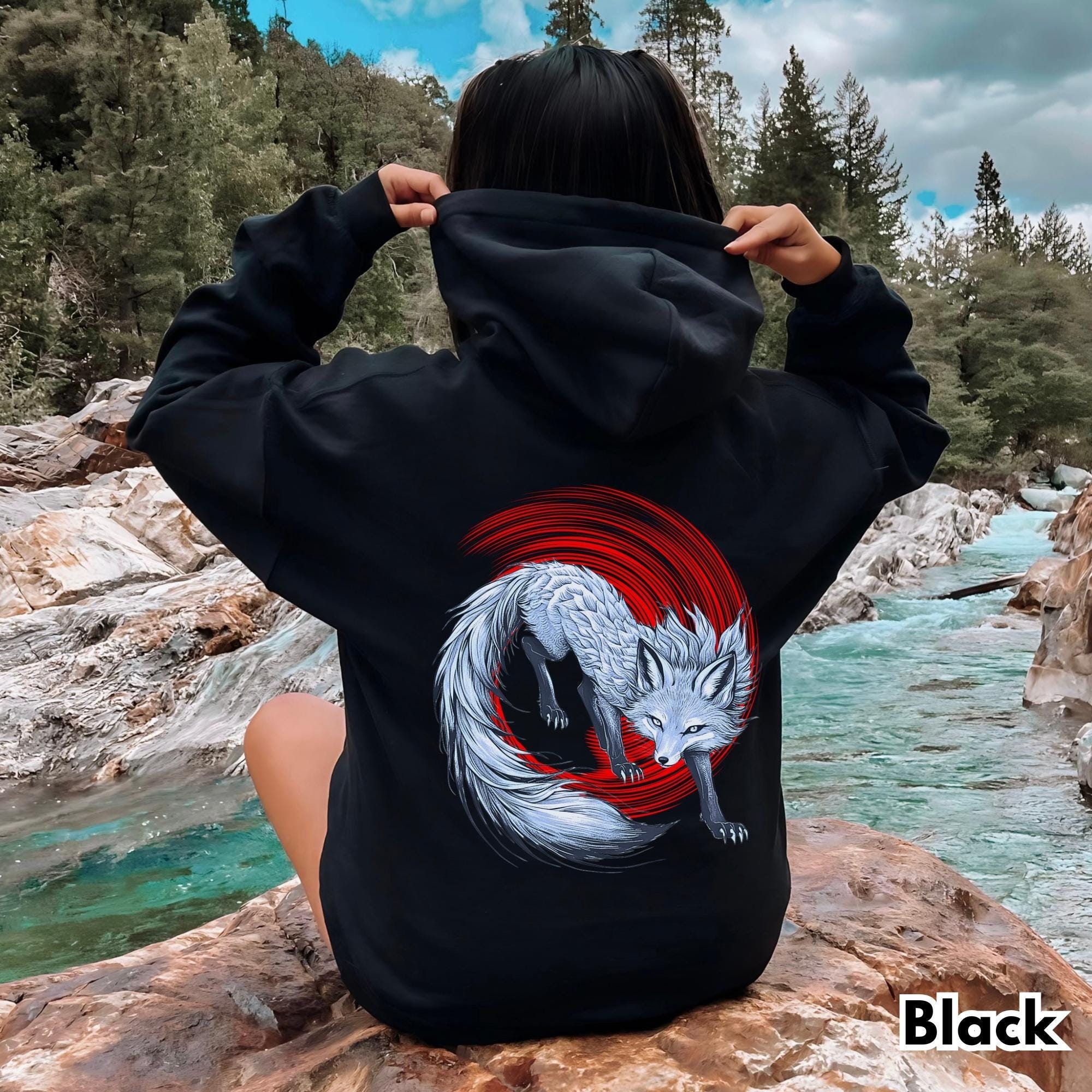 Japanese Kitsune Hoodie, White Fox Art, Yokai Fox Design, Japanese