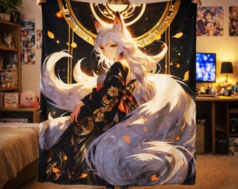 Kitsune Anime Girl Blanket, Nine Tailed Fox Spirit Throw, Japanese Folklore Fantasy Art, Otaku Bedroom Decor, Waifu Aesthetic Plush