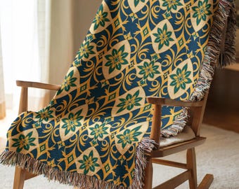 Damask Woven Blanket, Moroccan Geometric Floral Throw, Regal Home Decor