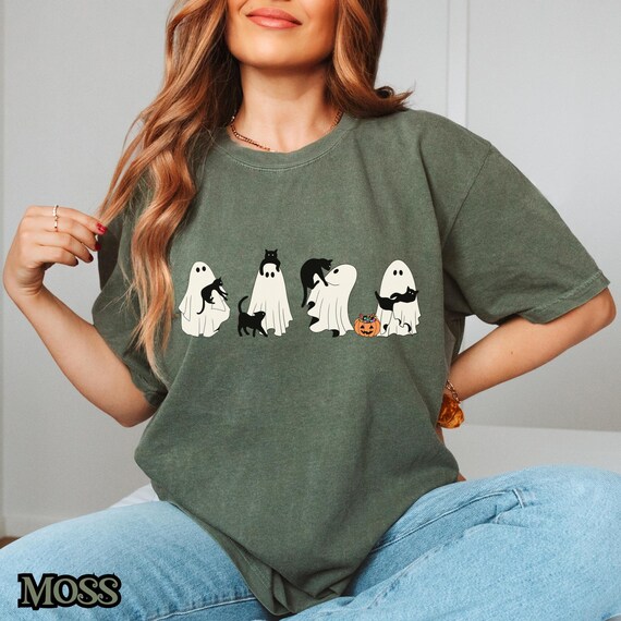 Cute Ghost Cat Shirt, Halloween Cat T-Shirt, Spooky Season Tee, Trick or Treat Black Cat Top, Kawaii Ghost Graphic Tee, Fall Cat Lover Shirt