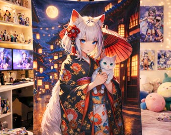 Anime Catgirl Blanket, Kimono Catgirl Throw Blanket, Japanese Night Anime Girl, Kawaii Neko Girl Plush Blanket, Otaku Room Decor Gift