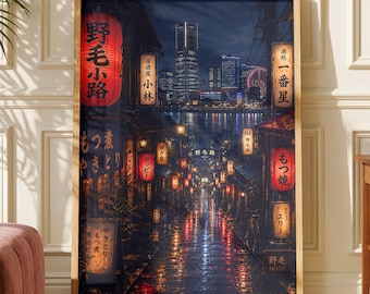 Yokohama Alley Poster, Japanese Noge Wall Art, Rainy Night Street Print