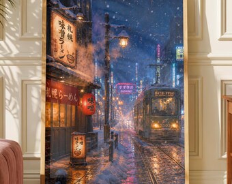 Snowy Sapporo Poster, Japanese Winter Street Wall Art, Susukino Tram Print