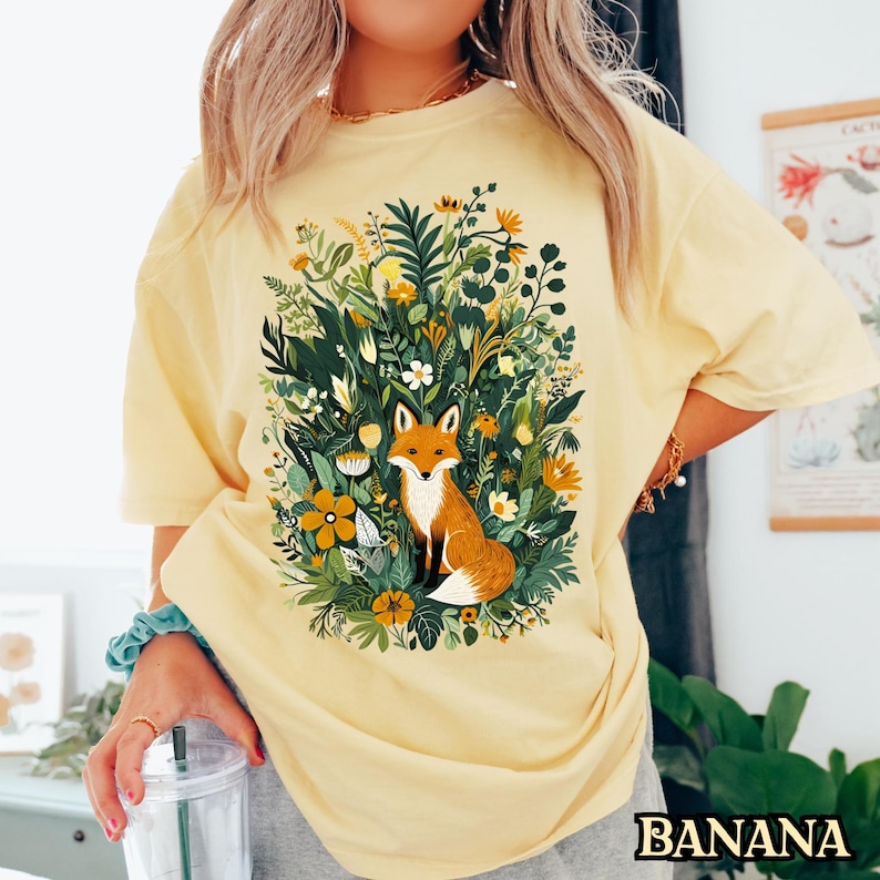 Fox Shirt, Woodland Animal Tee, Botanical Graphic, Nature Inspired Shirt, Cottagecore Aesthetic, Folk Art Animal, Wildlife Inspired Clothing image 1