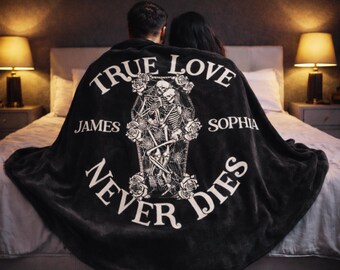 Personalized Gothic Couple Blanket, True Love Never Dies Custom Name Throw, Skull Lovers Anniversary Gift, Alternative Wedding Decor