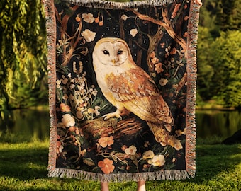 Mystical Owl Woven Blanket, Enchanted Forest Throw, Cottagecore Woodland Tapestry, Witchy Home Decor, Floral Owl Art Blanket