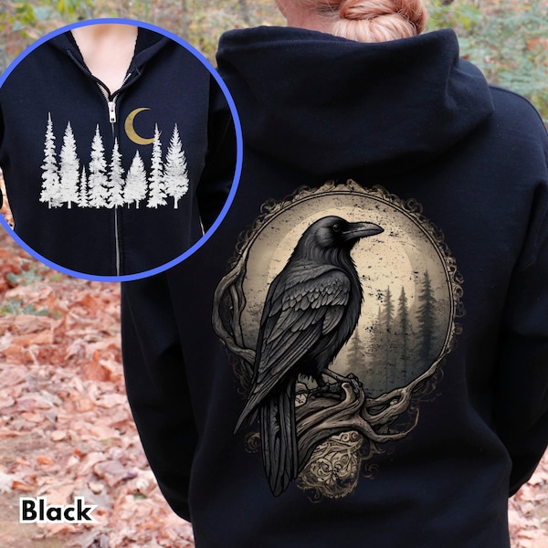 Gothic Raven Zip Hoodie, Dark Forest Moon Woodland Bird Art