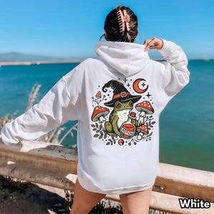 Witch Frog Hoodie, Cottagecore Mushroom Frog Graphic Sweatshirt, Fairycore Forest Art White