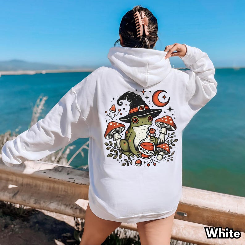 Witch Frog Hoodie, Cottagecore Mushroom Frog Graphic Sweatshirt, Fairycore Forest Art White