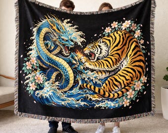 Dragon Tiger Woven Blanket, Japanese Mythology Throw, Yin Yang Dragon Tiger Design, Asian Art Home Decor, Samurai Aesthetic Tapestry Gift