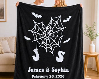 Personalized Gothic Spider Web Blanket, Custom Couple Plush Throw, Spooky Anniversary Gift
