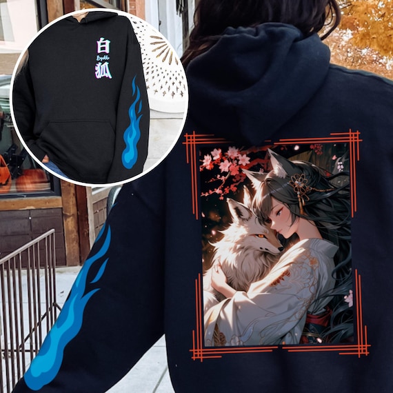 Japanese Kitsune Hoodie, Anime Girl Fox Spirit Sweatshirt, Mystical Geisha Hoodie, Shinto Kitsune Clothing, Cherry Blossom Hoodie