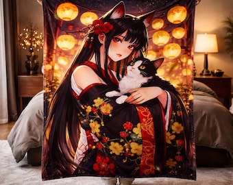 Anime Girl Blanket, Gothic Catgirl Throw, Bakeneko Aesthetic Plush Blanket, Japanese Kimono Manga Art, Otaku Bedroom Decor