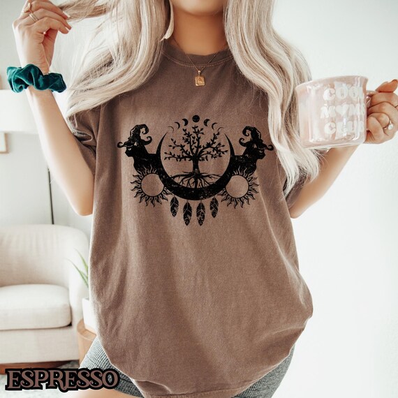 Witch Cat Tree of Life Shirt, Celestial Moon Phase Tee, Mystical Pagan Apparel