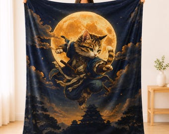 Ninja Cat Velveteen Blanket, Samurai Cat Under the Full Moon