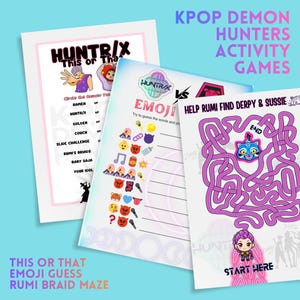 May include: Three activity game sheets with the text "KPOP DEMON HUNTERS ACTIVITY GAMES". The sheets include a "This or That" game, an emoji guessing game, and a maze. The games feature colorful illustrations and text.