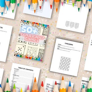 May include: A collection of pen and paper games, including Connect6, Checkers, and Paper Soccer, are displayed with colorful pencils. The central book cover reads "50+ Pen & Paper Games" with various game illustrations.