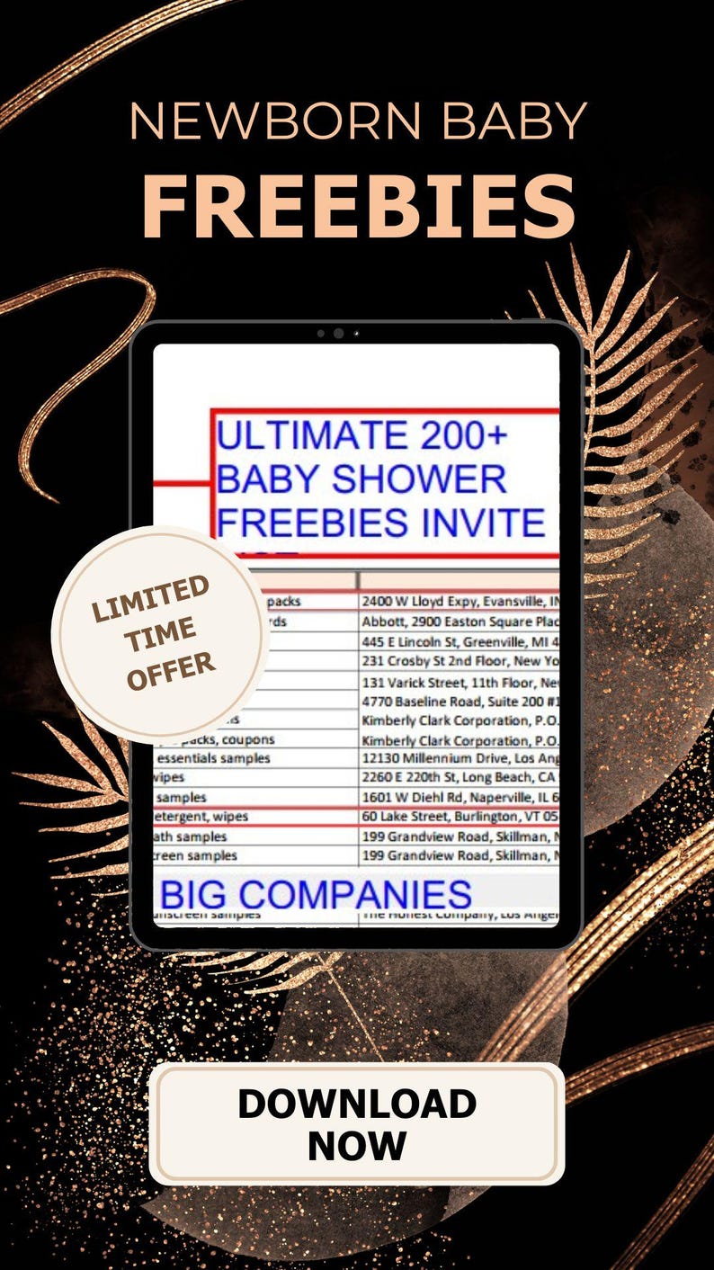 May include: A digital advertisement for newborn baby freebies. The image features a tablet displaying a list of baby shower freebies, with text that reads "ULTIMATE 200+ BABY SHOWER FREEBIES INVITE." A "LIMITED TIME OFFER" badge is also present.