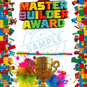 Puede incluir: Un colorido certificado LEGO Master Builder Award. El certificado presenta el logotipo de LEGO, las palabras "MASTER BUILDER AWARD" en letras grandes y coloridas, y un trofeo dorado. El borde está hecho de ladrillos y minifiguras LEGO.