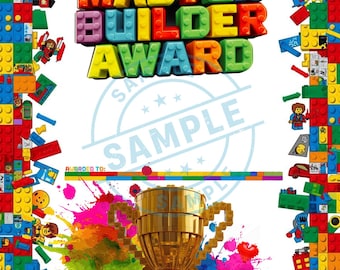 May include: A colorful LEGO Master Builder Award certificate. The certificate features the LEGO logo, the words "MASTER BUILDER AWARD" in large, colorful letters, and a golden trophy. The border is made of LEGO bricks and minifigures.