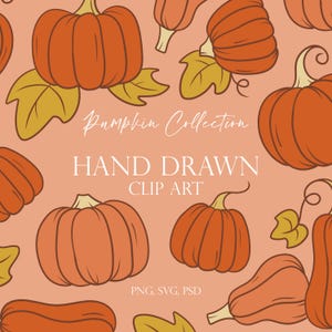 Op de afbeelding: Een herhalend patroon van oranje pompoenen met groene en gele bladeren op een perzikachtergrond. De tekst "Pumpkin Collection", "Hand Drawn" en "Clip Art" wordt in het wit weergegeven. De onderkant van de afbeelding toont "PNG, SVG, PSD".