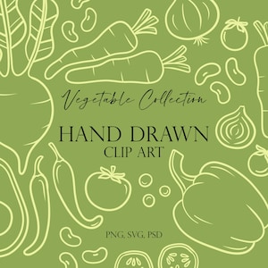 Arte digital de vegetais | 33 ilustrações desenhadas à mão | Arte digital de produtos de jardinagem e alimentação de verão