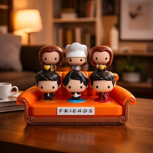 Könnte beinhalten: Sechs Figuren von Charakteren aus der Fernsehserie Friends. Die Figuren stehen auf einer orangefarbenen Couch-Basis mit dem Logo der Serie. Die Charaktere sind in verschiedenen Outfits dargestellt.