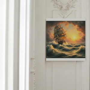 May include: A framed painting of a ship sailing on a stormy sea at sunset. The ship has white sails and is surrounded by large waves. The sky is a mix of orange, yellow, and purple.