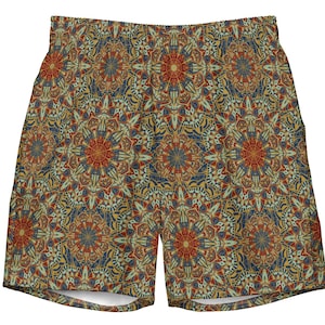 May include: Shorts with an all-over mandala pattern in shades of red, blue, and gold. The shorts have an elastic waistband and a relaxed fit. The fabric appears to be a lightweight, breathable material.