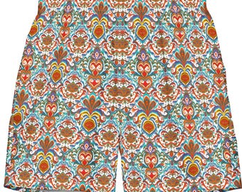 Mens Paisley Ikat Swim Trunks, Vibrant Summer Beachwear