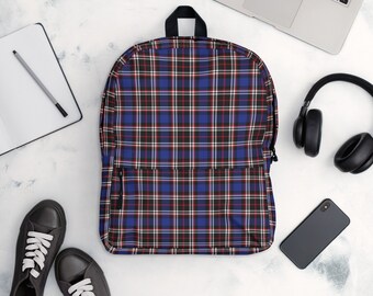 Black-Blue Checkered Backpack: Laptop Compartment, Water-Resistant