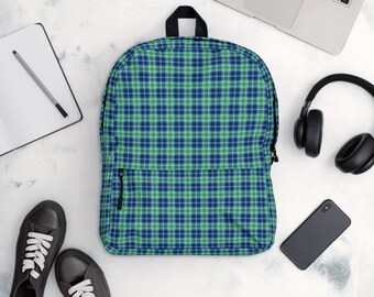 Elegant Plaid Backpack in Blue and Green Green and Blue Classic Plaid Backpack – HempsteadThread main image 4