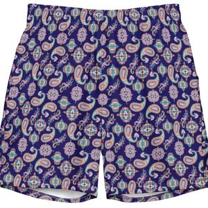 Mens Navy Paisley Swim Trunks - Boho Beach Shorts