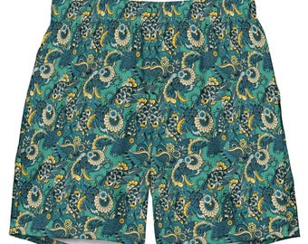 Men's Indigo Paisley Swim Trunks: Quick Dry Beach Shorts