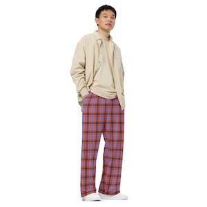 Orange pants, Purple trousers, Color block pants, Bold plaid trousers, Unisex bold pants, Trendy unisex wear, Casual color pants Vibrant plaid pants, Colorful trousers Fashion statement pants, Modern check pants, Plaid color pants Bold color trousers