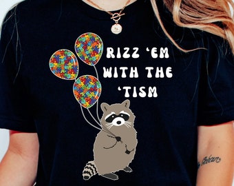Rizz 'Em With The 'Tism Retro Shirt, Boho Raccoon Autism Awareness Gift Shirt, Neurodiversity Appreciation Shirt