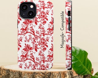Pink toile phone case, iphone Magsafe case compatible with iPhone 16 15 14 13 pro max, cute pink floral bird phone case