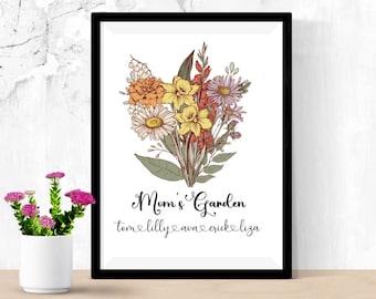 Custom Birth Flower Bouquet Wall Art,Birth Month Flower Art, Birthday Gift for Mom, Grandma Birth Flower Bouquet, Personalized Family Gift
