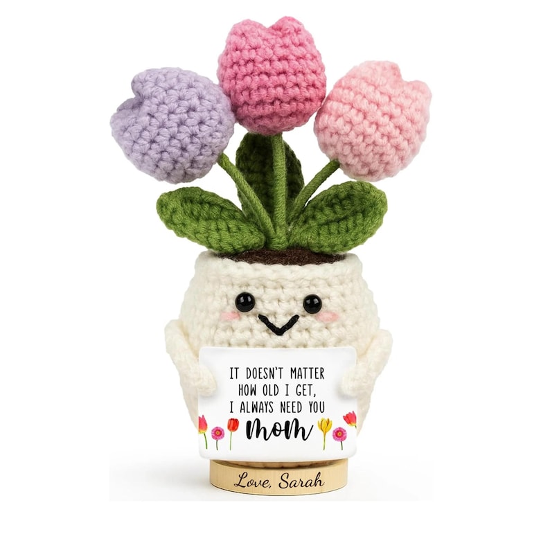 Personalized Crochet Tulip for Mom, Knitted Flower Doll Gift, Custom Mother’s Day Gift, Cute Positive Plant Plush, Gift from Daughter Son image 1
