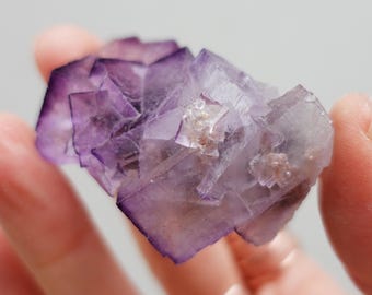 Puede incluir: Un grupo de cristales de fluorita púrpura con una estructura cúbica. Los cristales son translúcidos y tienen un ligero brillo.