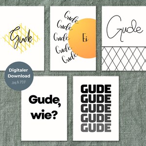 May include: Five printable wall art prints with the word "Gude" in different styles. The prints feature a yellow and black grid pattern, a black and white grid pattern, a circle with the word "Gude" repeated, a black and white grid pattern, and the word "Gude" repeated in black and grey.