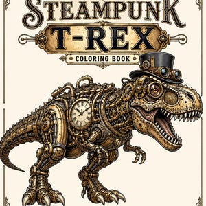 May include: Steampunk T-Rex coloring book cover. The illustration features a detailed, mechanical T-Rex with gears, clocks, and a top hat. The title is in a vintage font, with the words "Steampunk T-Rex Coloring Book". The background is cream-colored.