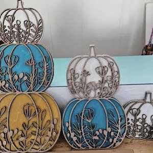 3 Stacked Pumkin Set with Stand SVG, Floral Stacked Pumpkin SVG, Fall Decor Laser File SVG