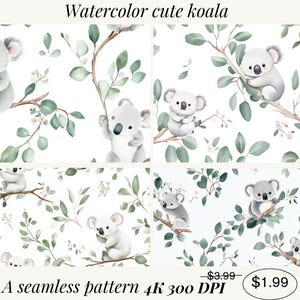 Nursery room wallpaper Watercolor cute koala seamless pattern 4k Designs Digital Download